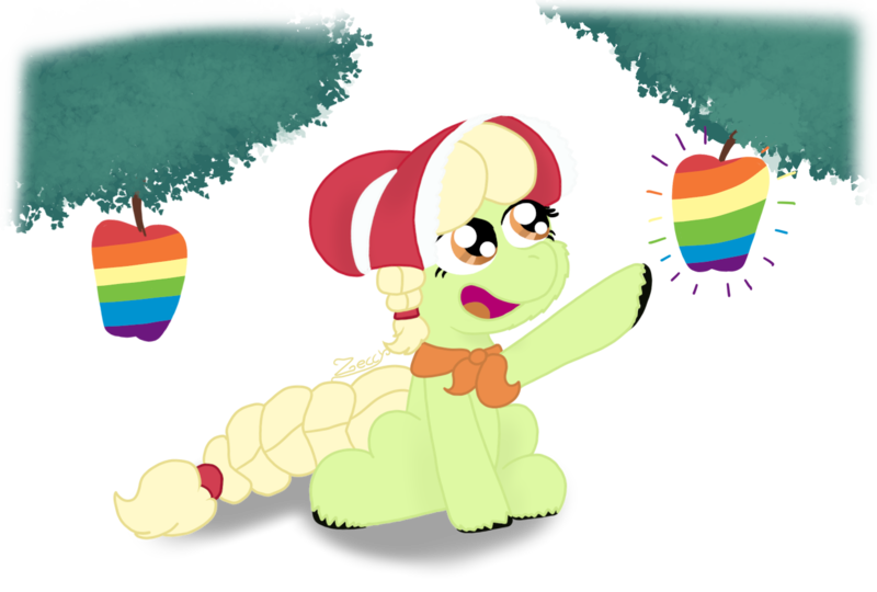 Size: 1383x934 | Tagged: safe, artist:zeccy, derpibooru import, granny smith, earth pony, pony, apple, atg 2024, braid, braided ponytail, braided tail, food, happy, image, newbie artist training grounds, open mouth, open smile, png, ponytail, simple background, smiling, solo, tail, transparent background, zap apple