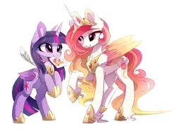 Size: 2184x1608 | Tagged: safe, artist:magnaluna, derpibooru import, princess celestia, twilight sparkle, twilight sparkle (alicorn), alicorn, pony, g4, colored wings, crown, cute, cutelestia, drawing, duo, duo female, female, folded wings, hoof shoes, horn, image, jewelry, jpeg, lesbian, long horn, mare, mouth hold, peytral, princess shoes, raised hoof, raised leg, rearing, regalia, ship:twilestia, shipping, simple background, smiling, standing on two hooves, tail, twiabetes, white background, wings