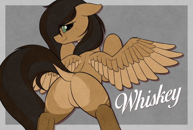 Size: 1800x1220 | Tagged: suggestive, artist:suspega, derpibooru import, oc, oc:rise'n whiskey, unofficial characters only, pegasus, pony, against wall, bashful, bipedal, bipedal leaning, blushing, brown coat, brown mane, colored wings, derpibooru exclusive, dock, featureless crotch, female, floppy ears, gray background, green eyes, image, leaning, looking at you, looking back, looking back at you, name, passepartout, pegasus oc, png, rear view, simple background, solo, solo female, spread legs, spread wings, spreading, sultry pose, tail, tail aside, two toned mane, two toned tail, two toned wings, wavy mouth, wings