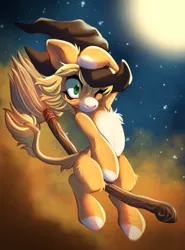 Size: 2149x2902 | Tagged: safe, artist:cabbage-arts, derpibooru import, oc, unofficial characters only, pony, broom, chest fluff, countershade feet, countershading, female, flying, flying broomstick, hat, image, jpeg, leonine tail, mare, one eye closed, solo, tail, wide eyes, witch hat