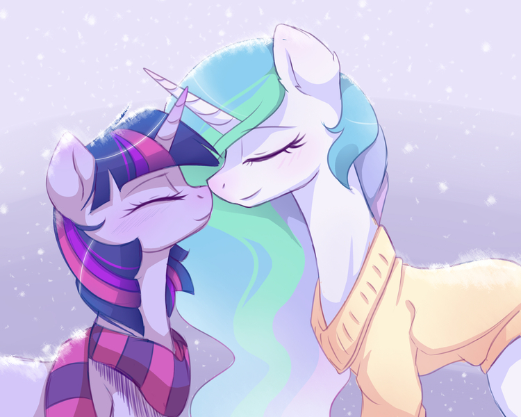 Size: 2500x2000 | Tagged: dead source, safe, artist:magnaluna, derpibooru import, princess celestia, twilight sparkle, pony, unicorn, g4, boop, clothes, duo, duo female, eyes closed, female, high res, horn, horns are touching, image, jpeg, lesbian, mare, noseboop, profile, race swap, scarf, ship:twilestia, shipping, side view, smiling, snow, snowfall, striped scarf, sweater, unicorn celestia, unicorn twilight, winter