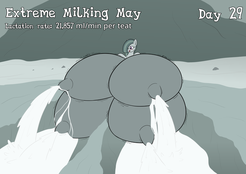 Size: 4960x3508 | Tagged: questionable, artist:wapamario63, ponerpics import, ponybooru import, marble pie, earth pony, pony, series:extreme milking may 2024, big crotchboobs, blushing, crotchboobs, excessive milk, female, happy, heart eyes, huge crotchboobs, hyper, hyper crotchboobs, hyper lactation, image, impossibly large crotchboobs, lactation, mare, milk, multiboob, nudity, png, quadruple teats, simple background, sitting, solo, teats, wingding eyes