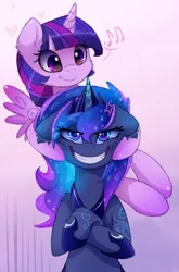 Size: 2910x4400 | Tagged: safe, artist:magnaluna, derpibooru import, princess luna, twilight sparkle, twilight sparkle (alicorn), alicorn, pony, g4, cross-popping veins, crown, duo, duo female, emanata, eye clipping through hair, female, forced smile, gradient background, hoof shoes, horn, image, jewelry, jpeg, luna is not amused, mare, music notes, peytral, princess shoes, regalia, smiling, unamused