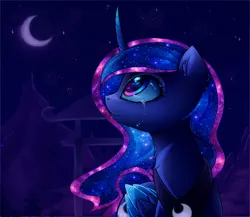 Size: 2190x1900 | Tagged: safe, artist:magnaluna, derpibooru import, princess luna, alicorn, pony, g4, colored wings, crescent moon, crying, curved horn, ear fluff, ethereal mane, female, galaxy mane, high res, horn, image, jpeg, looking up, mare, moon, night, night sky, outdoors, peytral, sky, solo, teary eyes, wings