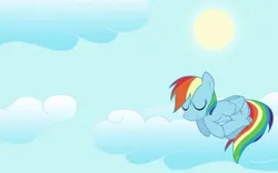 Size: 900x563 | Tagged: safe, artist:resistance-of-faith, derpibooru import, rainbow dash, pegasus, pony, g4, 2011, cloud, female, image, jpeg, mare, old art, sky, sleeping, solo, solo female, sun