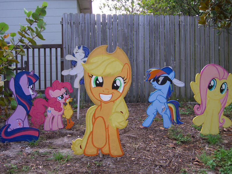 Size: 1024x768 | Tagged: safe, artist:minatek616, derpibooru import, applejack, fluttershy, pinkie pie, rainbow dash, rarity, twilight sparkle, earth pony, pegasus, pony, unicorn, g4, customized toy, decoration, image, irl, jpeg, lawn, lawn decoration, mane six, photo, rubber chicken, sunglasses, toy, unicorn twilight, yard