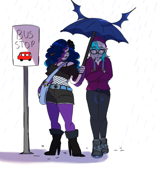 Size: 2000x2200 | Tagged: safe, artist:icey-wicey-1517, artist:starsbursts, color edit, derpibooru import, edit, oc, oc:batilla, oc:lacey scotts, unofficial characters only, equestria girls, g4, backpack, bag, beanie, belt, boots, bus stop, choker, clothes, collaboration, colored, duo, duo female, equestria girls-ified, evening gloves, female, fingerless elbow gloves, fingerless gloves, fishnet clothing, glasses, gloves, hair over one eye, hat, height difference, high heel boots, hoodie, image, lesbian, long gloves, oc x oc, pants, pencil, png, rain, shipping, shirt, shoes, shorts, sign, simple background, size difference, sneakers, socks, spiked choker, stockings, sweatpants, t-shirt, thigh highs, transparent background, umbrella