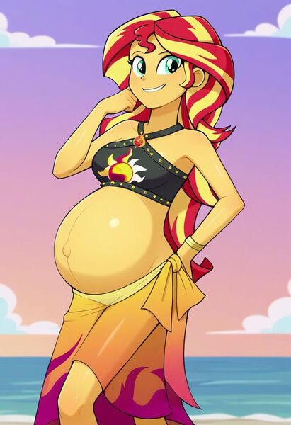 Size: 832x1216 | Tagged: suggestive, ai content, derpibooru import, machine learning generated, stable diffusion, sunset shimmer, human, equestria girls, g4, ai pregnant, beach, belly, belly button, big belly, bikini, bracelet, breasts, butt touch, clothes, generator:pony diffusion v6 xl, geode of empathy, grin, hand on butt, image, jewelry, jpeg, magical geodes, my little pony equestria girls: better together, ocean, outie belly button, pregnant, pregnant equestria girls, sarong, smiling, stupid sexy sunset shimmer, sunset preggers, swimsuit, water