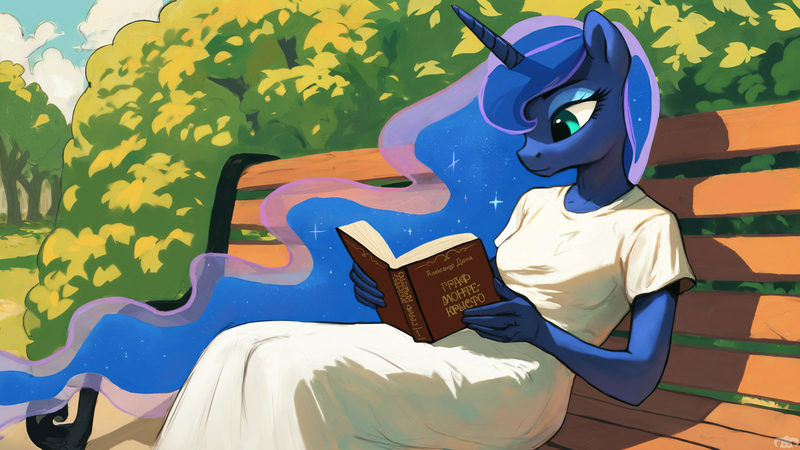 Size: 2560x1440 | Tagged: safe, ai content, artist:dovakkins, derpibooru import, machine learning assisted, princess luna, alicorn, anthro, pony, g4, beautiful, bench, calm, clothes, cute, cyrillic, dress, female, image, jpeg, long dress, looking at something, mare, park, park bench, reading, relaxing, russian, sitting, solo, summer, the count of monte cristo, watermark, wavy mane, wingless, wingless alicorn