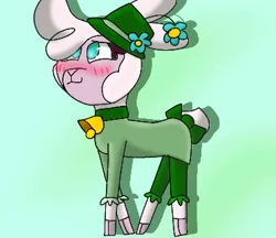 Size: 370x320 | Tagged: safe, artist:pomdb, derpibooru import, sheep, them's fightin' herds, bell, bell collar, blushing, bow, clothes, collar, community related, dress, female, flower, gradient background, hat, image, png, pom (tfh), shadow, solo, tail, tail bow