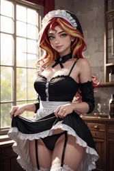 Size: 1024x1536 | Tagged: suggestive, ai content, derpibooru import, machine learning generated, sunset shimmer, human, g4, big breasts, black panties, black underwear, blurry background, breasts, busty sunset shimmer, choker, cleavage, clothes, detached sleeves, dress, female, frills, frilly, frilly dress, furniture, garter straps, generator:yodayo, glass, holding skirt, house, humanized, image, indoors, jpeg, lingerie, looking at you, maid, maid headdress, outfit, panties, prompter:sammykun, skirt, skirt lift, smiling, socks, solo, straps, thigh highs, thighs, underwear, window, wood