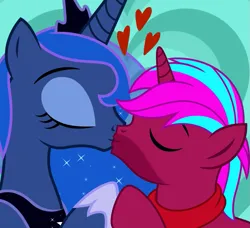 Size: 877x800 | Tagged: safe, artist:jennieoo, derpibooru import, princess luna, oc, oc:breezy sleeplist, alicorn, pony, unicorn, commission, eyes closed, horn, image, kiss on the lips, kissing, png, show accurate, vector, ych example, ych result, your character here