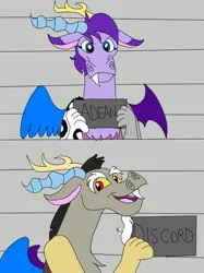 Size: 827x1104 | Tagged: safe, artist:adeanthepurpledragon, derpibooru import, discord, oc, oc:adean the draconequus, draconequus, barbie mugshot meme, image, jpeg, meme, mugshot