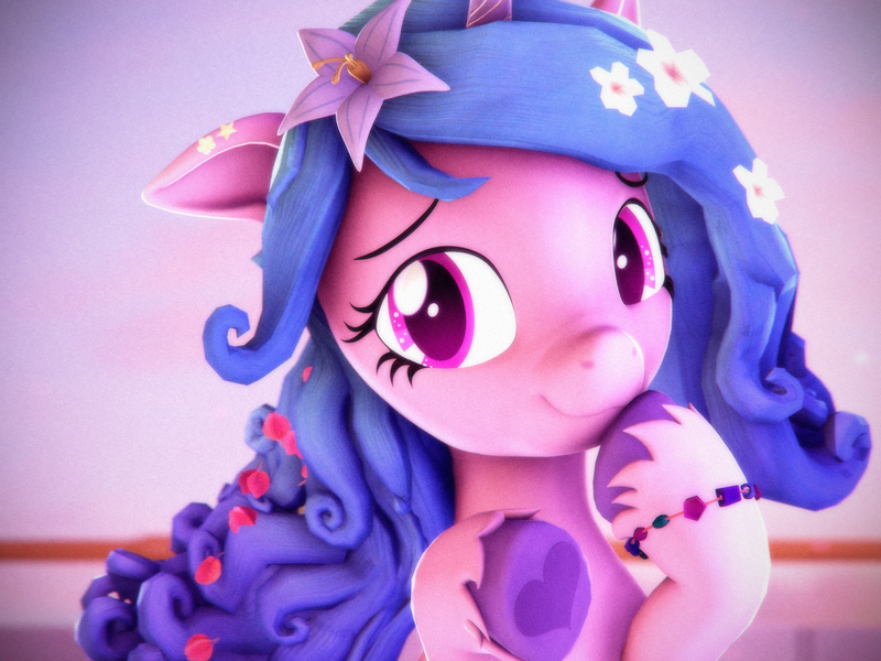 Size: 2880x2160 | Tagged: safe, artist:psfmer, derpibooru import, izzy moonbow, pony, unicorn, g5, 3d, bracelet, cute, female, flower, flower in hair, hoof heart, hoof on chin, horn, image, izzybetes, jewelry, looking at you, mare, png, smiling, smiling at you, solo, source filmmaker, underhoof, unshorn fetlocks