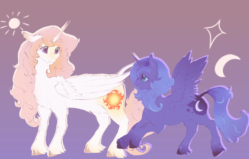 Size: 1578x1012 | Tagged: safe, artist:fealcity, derpibooru import, princess celestia, princess luna, alicorn, pony, duo, image, jpeg, young celestia, young luna, younger