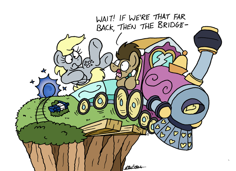 Size: 2409x1747 | Tagged: safe, artist:bobthedalek, derpibooru import, derpy hooves, doctor whooves, time turner, earth pony, pegasus, pony, atg 2024, cliff, doctor who, friendship express, image, locomotive, moments before disaster, newbie artist training grounds, png, portal, steam locomotive, tardis, time travel, train