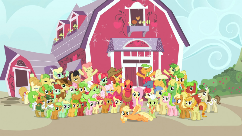 Size: 1920x1080 | Tagged: safe, derpibooru import, edit, edited screencap, screencap, apple bloom, apple brown betty, apple bumpkin, apple cinnamon, apple cobbler, apple crumble, apple dumpling, apple fritter, apple honey, apple leaves, apple mint, apple rose, apple split, apple squash, apple strudel, apple tarty, apple top, applejack, aunt orange, auntie applesauce, big macintosh, braeburn, bushel, candy apples, florina tart, fluttershy, gala appleby, golden delicious, granny smith, half baked apple, hayseed turnip truck, hoss, jonagold, liberty belle, marmalade jalapeno popette, mosely orange, perfect pie, pink lady, red delicious, red gala, red june, sweet tooth, uncle orange, wensley, earth pony, pegasus, pony, apple family reunion, g4, season 3, apple family, apple family member, background pony, barn, female, filly, fluttermac, foal, hoof around neck, image, looking at you, lying down, male, mare, png, raise this barn, shipping, side, smiling, smiling at you, sparkles, stallion, straight