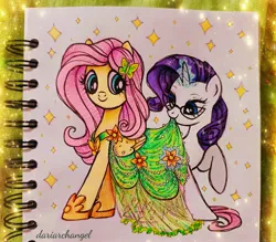 Size: 3409x2990 | Tagged: safe, artist:dariarchangel, derpibooru import, fluttershy, rarity, butterfly, insect, pegasus, pony, unicorn, g4, clothes, cute, dress, duo, duo female, female, flarity, flower, folded wings, glasses, hairclip, horn, image, jpeg, lesbian, looking at someone, magic, magic aura, mouth hold, photo, raised hoof, raribetes, rarity's glasses, shipping, shoes, shyabetes, sketchbook, smiling, sparkles, traditional art, wings