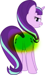 Size: 617x1024 | Tagged: suggestive, derpibooru import, starlight glimmer, pony, unicorn, g4, the cutie map, absurd resolution, bedroom eyes, both cutie marks, butt, derpibooru exclusive, equal cutie mark, fart, fart cloud, female, glimmer glutes, grin, horn, image, looking at you, looking back, plot, png, rear view, s5 starlight, simple background, smiling, solo, transparent background, vector