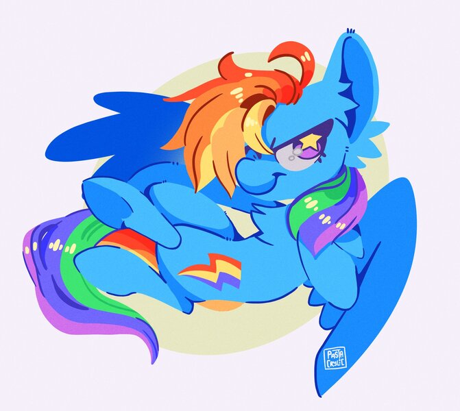 Size: 1917x1714 | Tagged: safe, artist:pastacrylic, derpibooru import, rainbow dash, pegasus, pony, g4, abstract background, chest fluff, circle background, crossed legs, ear fluff, female, flying, image, jpeg, looking at you, mare, redraw, signature, smiling, smiling at you, solo, spread wings, starry eyes, wingding eyes, wings