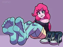 Size: 2323x1765 | Tagged: suggestive, artist:reathroch, derpibooru import, pinkie pie, human, equestria girls, g4, clothes, feet, female, humanized, image, png, socks, solo, stocking feet, stockings, thigh highs