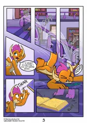 Size: 2896x4096 | Tagged: safe, artist:elicitie, ponerpics import, ponybooru import, smolder, spike, anthro, dragon, comic:cram sesh, banister, book, bookshelf, censored dialogue, comic, derped, dragoness, falling, feet, female, image, in pain, indoors, jpeg, onomatopoeia, school of friendship, stairs, tripping