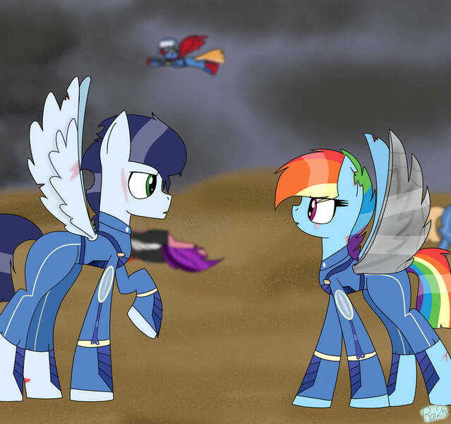 Size: 827x776 | Tagged: safe, artist:rai2n, derpibooru import, ponerpics import, ponybooru import, rainbow dash, soarin', pegasus, pony, alternate timeline, apocalypse dash, crystal war timeline, female, image, jpeg, male, mare, shipping, soarindash, stallion, straight