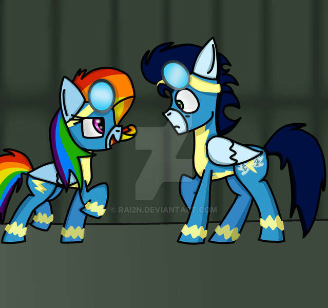 Size: 827x776 | Tagged: safe, artist:rai2n, derpibooru import, ponerpics import, ponybooru import, rainbow dash, soarin', pegasus, pony, g4, newbie dash, clothes, deviantart watermark, female, image, jpeg, male, mare, my little pony, obtrusive watermark, rainbow fash, shipping, soarindash, stallion, straight, uniform, watermark, wonderbolts uniform