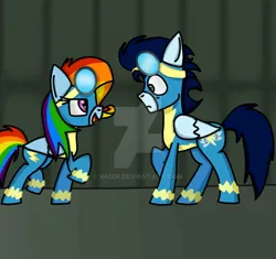 Size: 827x776 | Tagged: safe, artist:rai2n, derpibooru import, ponerpics import, ponybooru import, rainbow dash, soarin', pegasus, pony, g4, newbie dash, clothes, deviantart watermark, female, image, jpeg, male, mare, my little pony, obtrusive watermark, rainbow fash, shipping, soarindash, stallion, straight, uniform, watermark, wonderbolts uniform