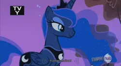 Size: 862x470 | Tagged: safe, edit, edited screencap, screencap, princess luna, alicorn, pony, sleepless in ponyville, caption, female, folded wings, hub logo, image, lidded eyes, mare, meme, png, smiling, solo, wings, youtube caption