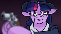 Size: 700x393 | Tagged: safe, artist:jargon scott, derpibooru import, twilight sparkle, pony, unicorn, g4, bust, clothes, crying, depth of field, fedora, female, floppy ears, frown, gun, handgun, hat, hoof hold, horn, image, mare, meme, narrowed eyes, png, ponified meme, revolver, solo, suit, weapon