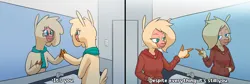 Size: 3691x1245 | Tagged: safe, artist:hitsuji, derpibooru import, oc, oc:shio (hitsuji), unofficial characters only, alpaca, anthro, them's fightin' herds, bathroom, clothes, cloven hooves, community related, furry, furry oc, glasses, hoodie, image, mirror, png, pointing at self, reference, scarf, solo, text, undertale