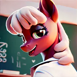 Size: 6000x6000 | Tagged: safe, ai content, derpibooru import, machine learning generated, stable diffusion, cheerilee, anthro, bedroom eyes, blouse, book, bust, chalkboard, classroom, female, generator:pony diffusion v6 xl, generator:ponydiffusion, generator:purplesmart.ai, high res, image, looking at you, looking back, milf, open mouth, open smile, png, prompter:yourclopaccount2, seductive look, smiling, smiling at you, solo, teacher, volumetric light