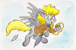 Size: 1326x873 | Tagged: safe, artist:lost marbles, derpibooru import, derpy hooves, pegasus, pony, g4, alice in wonderland, clothes, feather, image, png, pocket watch, solo, suit, traditional art, umbrella, watercolor painting, white rabbit