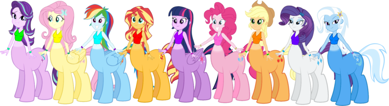 Size: 3847x1054 | Tagged: safe, artist:invisibleink, artist:tylerajohnson352, derpibooru import, applejack, fluttershy, pinkie pie, rainbow dash, rarity, sci-twi, starlight glimmer, sunset shimmer, trixie, twilight sparkle, centaur, taur, equestria girls, g4, beautiful, centaurified, cute, cutie mark, hooves, humane five, humane seven, humane six, image, png, ponytaur, simple background, species swap, tail, transparent background, wings