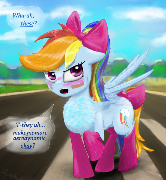 Size: 2400x2599 | Tagged: safe, artist:chopsticks, derpibooru import, rainbow dash, pegasus, pony, g4, angry, bandaid, blatant lies, blushing, bow, cheek fluff, chest fluff, chipped tooth, clothes, cloud, cute, dashabetes, denial's not just a river in egypt, dialogue, female, hair bow, image, looking at you, madorable, mare, mountain, mountain range, open mouth, png, ponytail, rainbow dash always dresses in style, raised hoof, runway, scuff mark, sky, socks, solo, sparkles, speech bubble, spread wings, stuttering, tail, tail bow, talking to viewer, text, torn wings, wings