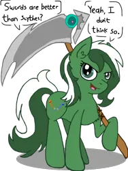 Size: 600x800 | Tagged: safe, artist:drakovyte, derpibooru import, oc, unofficial characters only, earth pony, pony, 2015, earth pony oc, frown, green coat, green eyes, green hair, green tail, holding, image, mare oc, open mouth, open smile, png, reference sheet, scythe, simple background, smiling, solo, tail, transparent background, two toned mane, two toned tail, white hair, white tail