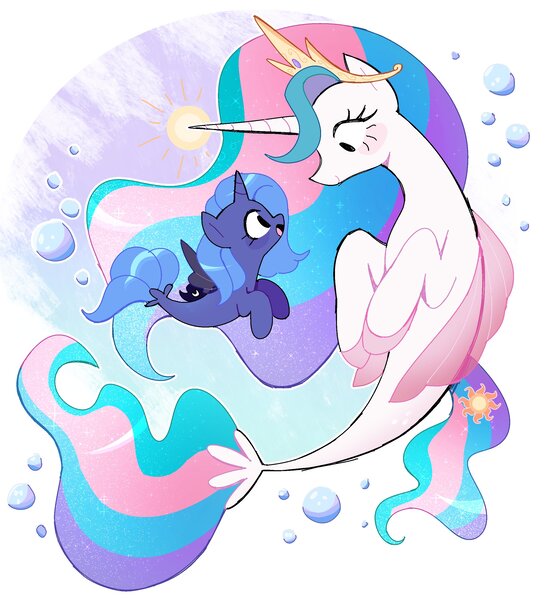 Size: 2480x2717 | Tagged: safe, artist:syrupyyy, derpibooru import, princess celestia, princess luna, alicorn, pony, seapony (g4), g4, blushing, bubble, crown, cute, cutelestia, digital art, dorsal fin, duo, duo female, ethereal mane, ethereal tail, female, filly, filly luna, fin, fin wings, fins, fish tail, flowing mane, flowing tail, foal, gem, glow, glowing horn, happy, horn, image, jewelry, jpeg, looking at each other, looking at someone, lunabetes, mare, ocean, open mouth, open smile, regalia, royal sisters, seaponified, seapony celestia, seapony luna, siblings, simple background, sisters, smiling, smiling at each other, sparkles, species swap, spread wings, starry mane, starry tail, stars, sun, swimming, syrupyyy is trying to murder us, tail, underwater, water, white background, wings, woona, younger