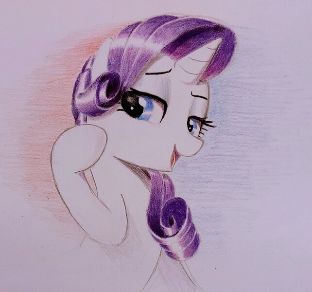 Size: 2265x2117 | Tagged: safe, artist:mizhisha, derpibooru import, rarity, pony, g4, colored pencil drawing, image, jpeg, looking back, playing with hair, solo, traditional art