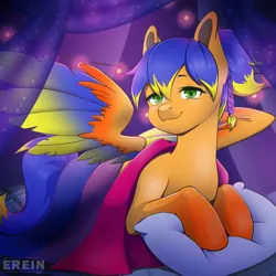 Size: 2000x2000 | Tagged: safe, alternate version, artist:erein, derpibooru import, oc, oc:solar aura, unofficial characters only, pegasus, pony, alternate character, bedroom, bisexual, bisexual pride flag, braid, colored wings, commission, ears up, flag, garland, green eyes, high res, image, indoors, jpeg, lgbt, looking at you, multicolored hair, multicolored tail, night, pegasus oc, pillow, ponytail, pride, pride flag, pride month, room, smiling, smiling at you, solo, spread wings, string lights, tail, wings, ych result