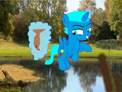 Size: 2352x1776 | Tagged: safe, artist:memeartboi, derpibooru import, oc, ponified, alicorn, fish, pony, g4, alicorn oc, alicornified, alternate universe, colt, dead, foal, glow, glowing horn, grass, grin, gumball watterson, horn, image, jpeg, lake, male, race swap, sinister smile, smiling, solo, spread wings, the amazing world of gumball, theory, tree, water, wings