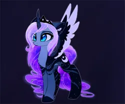 Size: 1954x1635 | Tagged: safe, artist:magnaluna, derpibooru import, princess luna, alicorn, pony, zefiros codex, g4, alternate design, alternate hairstyle, body markings, color porn, colored wings, colored wingtips, crown, curved horn, cute, eye clipping through hair, eyebrows, eyebrows visible through hair, female, horn, image, jewelry, jpeg, lunabetes, mare, multicolored wings, regalia, solo, spread wings, wings