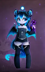 Size: 1286x2034 | Tagged: safe, alternate version, artist:magnaluna, derpibooru import, princess luna, alicorn, anthro, unguligrade anthro, g4, ambiguous facial structure, bat wings, breasts, choker, clothes, corset, dress, ear fluff, evening gloves, female, gloves, image, jpeg, knife, long gloves, looking at something, magic, magic orb, nail polish, scabbard, smiling, socks, solo, spread wings, thigh highs, wings, zettai ryouiki, zoom layer