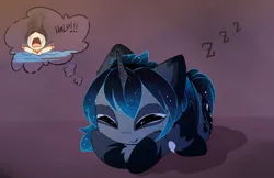 Size: 2074x1342 | Tagged: safe, artist:magnaluna, derpibooru import, princess luna, alicorn, pony, g4, bat wings, cute, dream bubble, eyes closed, female, folded wings, horn, image, jpeg, lunabetes, lying down, mare, onomatopoeia, ponyloaf, prone, sleeping, smiling, sound effects, wings, zzz