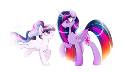 Size: 4000x2400 | Tagged: dead source, safe, artist:magnaluna, derpibooru import, twilight sparkle, twilight sparkle (alicorn), oc, alicorn, pony, unicorn, g4, blank flank, chest fluff, duo, duo female, ear fluff, eye contact, female, filly, foal, folded wings, heart, heart eyes, high res, horn, image, jpeg, looking at each other, looking at someone, magical lesbian spawn, mare, mother and child, mother and daughter, offspring, older, older twilight, open mouth, open smile, parent:princess celestia, parent:twilight sparkle, parents:twilestia, profile, raised hoof, side view, simple background, smiling, tail, ultimate twilight, white background, wingding eyes, wings