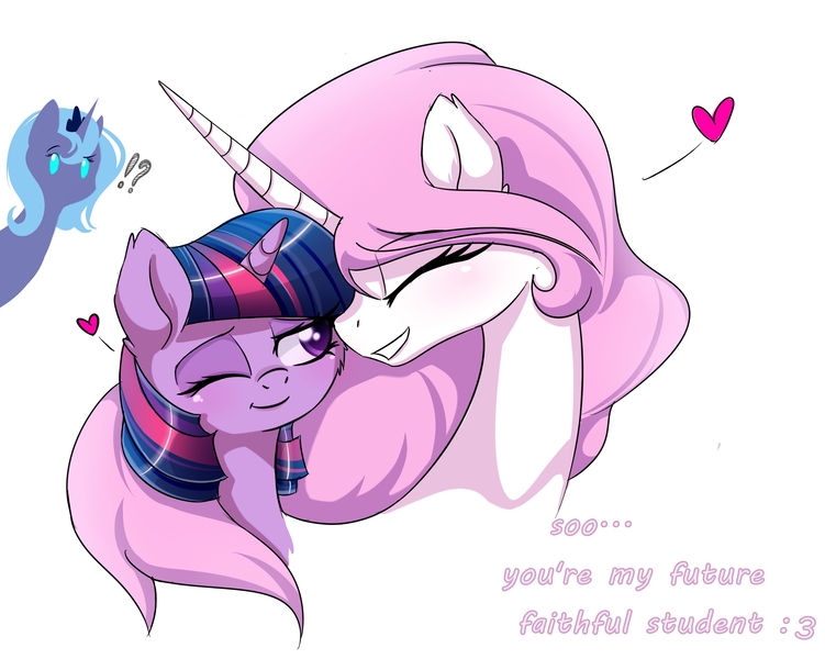 Size: 3924x3134 | Tagged: dead source, safe, artist:magnaluna, derpibooru import, princess celestia, princess luna, twilight sparkle, alicorn, pony, unicorn, g4, blushing, bust, cheek fluff, dialogue, exclamation point, eyes closed, female, filly, happy, heart, high res, horn, image, interrobang, jpeg, lesbian, long horn, mare, nuzzling, one eye closed, pink-mane celestia, portrait, question mark, ship:twilestia, shipping, simple background, smiling, text, trio, trio female, white background, wink, younger