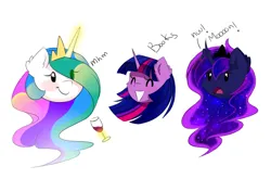 Size: 3400x2245 | Tagged: dead source, safe, artist:magnaluna, derpibooru import, princess celestia, princess luna, twilight sparkle, twilight sparkle (alicorn), alicorn, pony, g4, ^^, alcohol, blob, blob ponies, blush sticker, blushing, chibi, crown, curved horn, cute, ear fluff, eyes closed, female, glass, glow, glowing horn, grin, high res, horn, image, jewelry, jpeg, levitation, magic, magic aura, mare, open mouth, regalia, royal sisters, siblings, simple background, sisters, smiling, telekinesis, trio, trio female, white background, wine, wine glass
