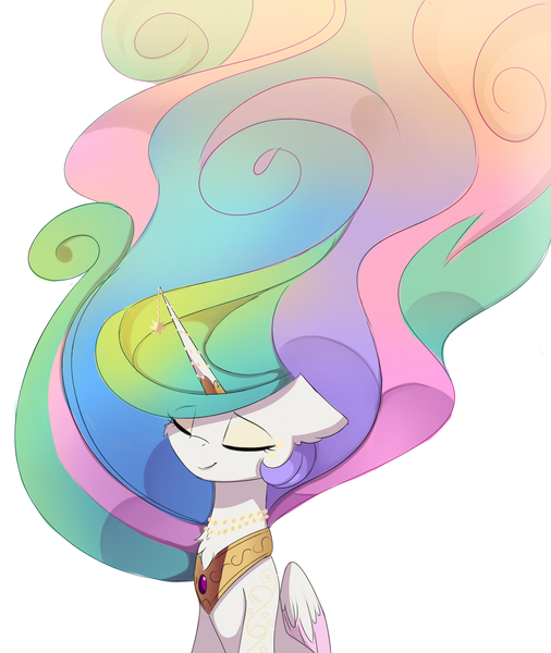 Size: 2400x2845 | Tagged: dead source, safe, artist:magnaluna, derpibooru import, princess celestia, alicorn, pony, g4, cute, cutelestia, eyes closed, female, flowing mane, folded wings, high res, horn, horn jewelry, horn ring, image, jewelry, jpeg, long mane, mare, necklace, peytral, ring, simple background, smiling, solo, white background, wings