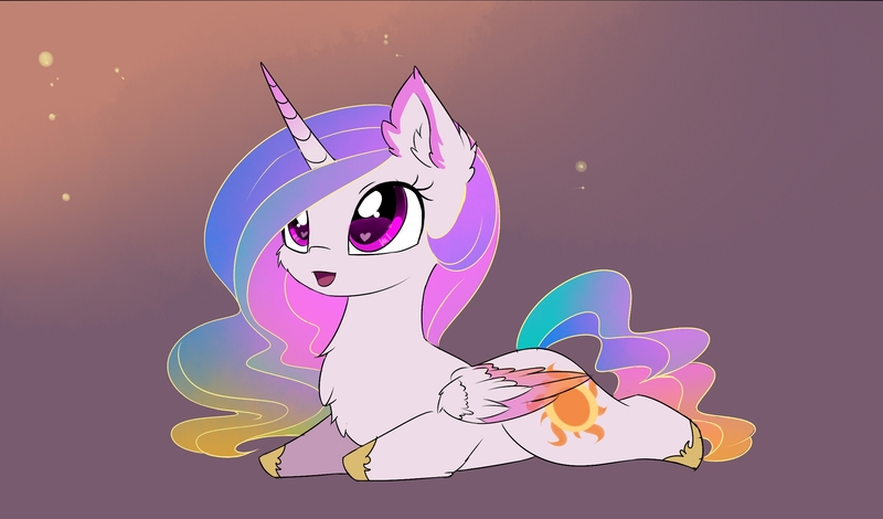 Size: 2409x1415 | Tagged: safe, artist:magnaluna, derpibooru import, princess celestia, alicorn, pony, g4, chest fluff, chibi, colored wings, colored wingtips, cute, cutelestia, ear fluff, female, fluffy, heart, heart eyes, hoof shoes, horn, image, jpeg, looking up, lying down, mare, open mouth, open smile, princess shoes, prone, smiling, solo, sploot, wingding eyes, wings