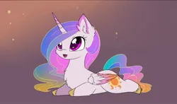 Size: 2409x1415 | Tagged: safe, artist:magnaluna, derpibooru import, princess celestia, alicorn, pony, g4, chest fluff, chibi, colored wings, colored wingtips, cute, cutelestia, ear fluff, female, fluffy, heart, heart eyes, hoof shoes, horn, image, jpeg, looking up, lying down, mare, open mouth, open smile, princess shoes, prone, smiling, solo, sploot, wingding eyes, wings